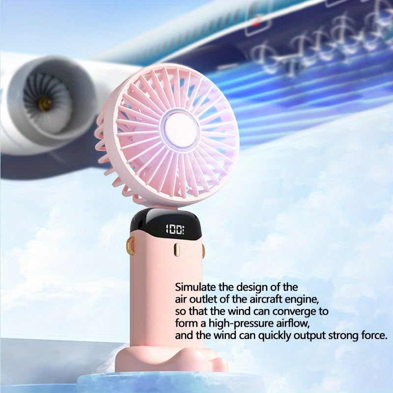 Rechargeable Pink Handheld Fan with 5-Speed LED Display, Portable and Foldable