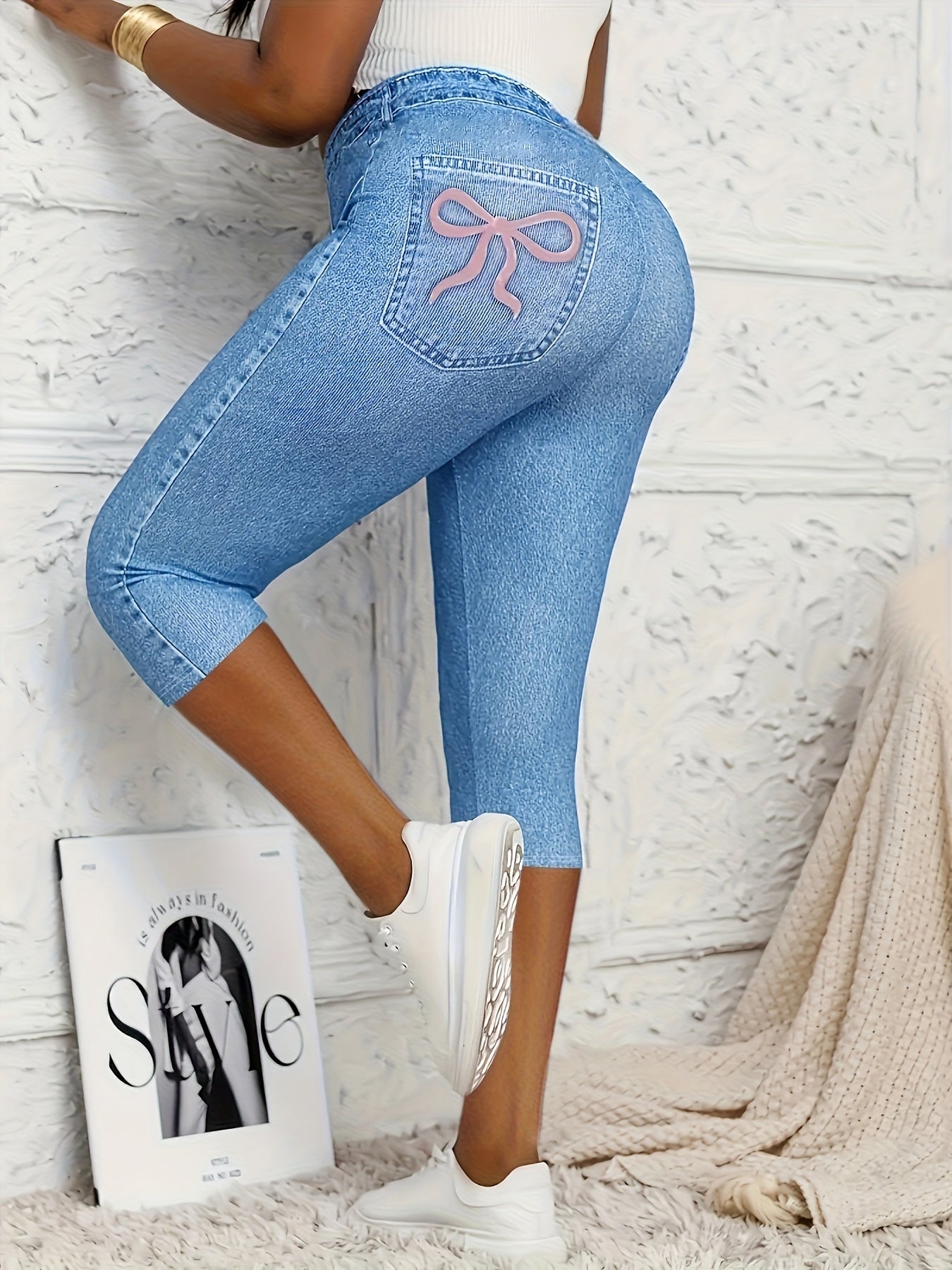 Women's Plus Size Stretchy Slim Fit Capri Pants Light Blue High Waisted