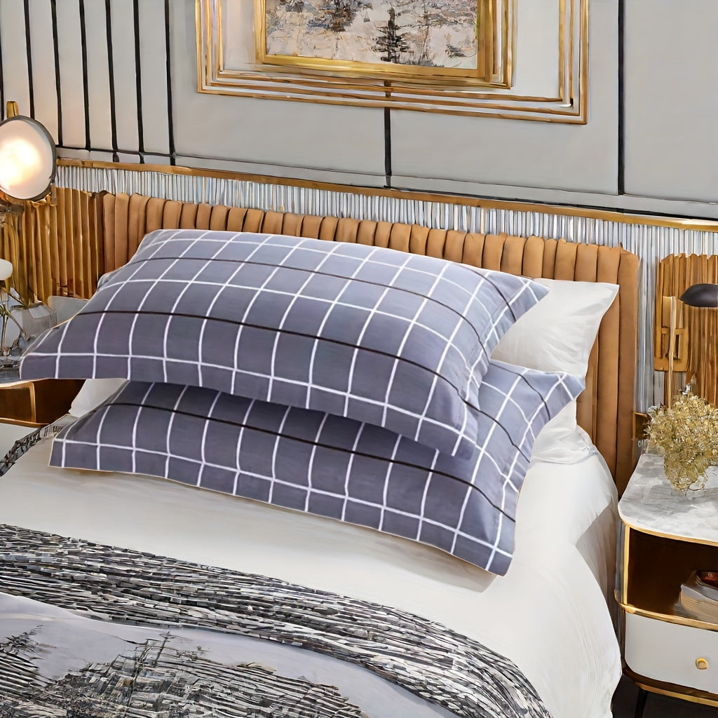 Two Soft Brushed Pillow Covers with Geometric Plaid Design and Envelope Closure