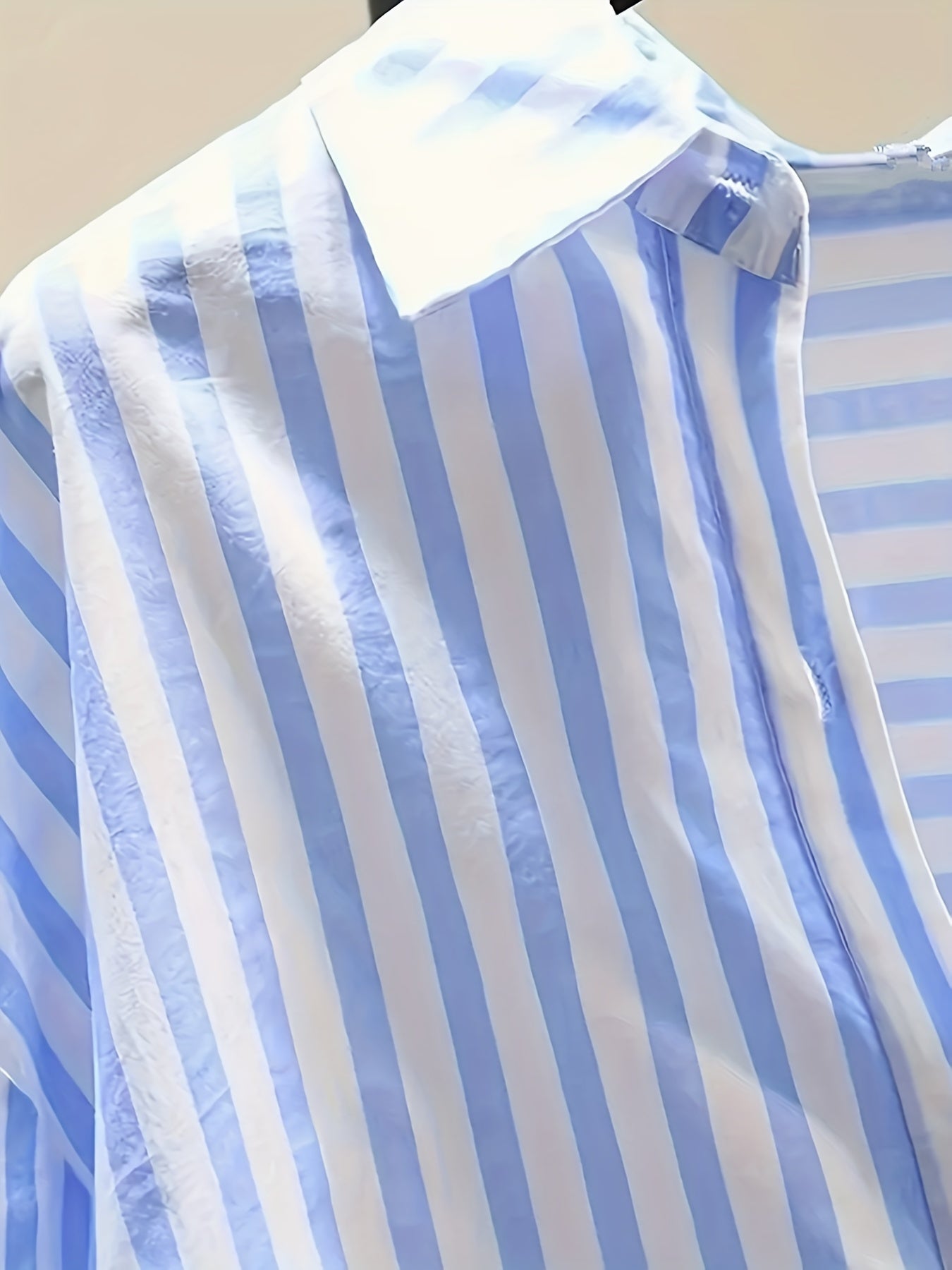 Women's Blue and White Striped Long Sleeve Button-Up Shirt with Collar