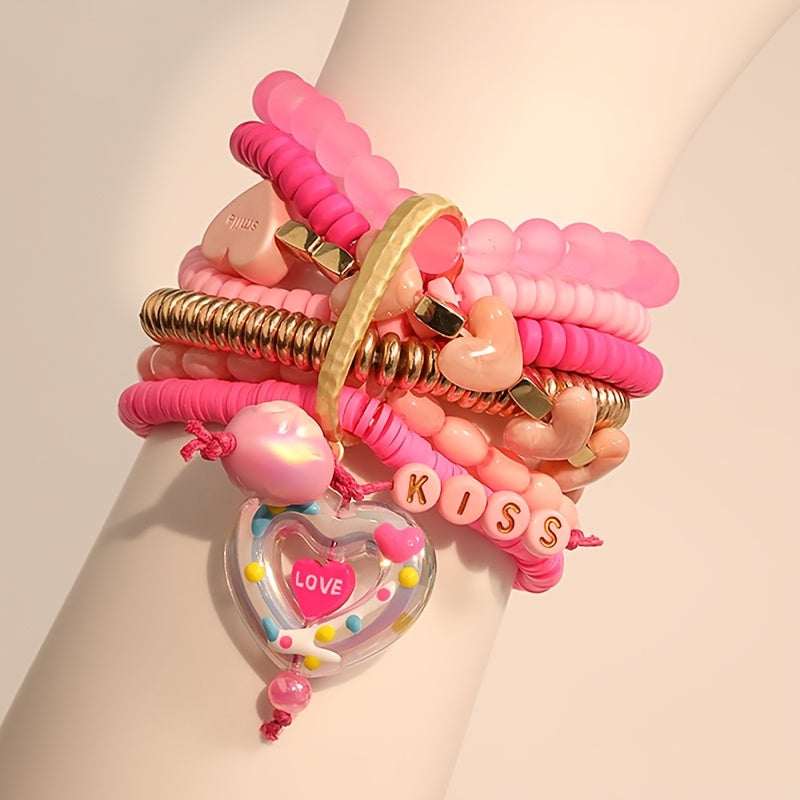 Pink Resin Bead Heart KISS Pendant Bracelet for Women Valentine's Day Jewelry