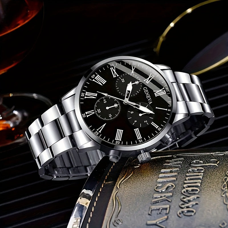 Men's Gift Set Stainless Steel Watch Necklace Bracelet Ring Business Casual