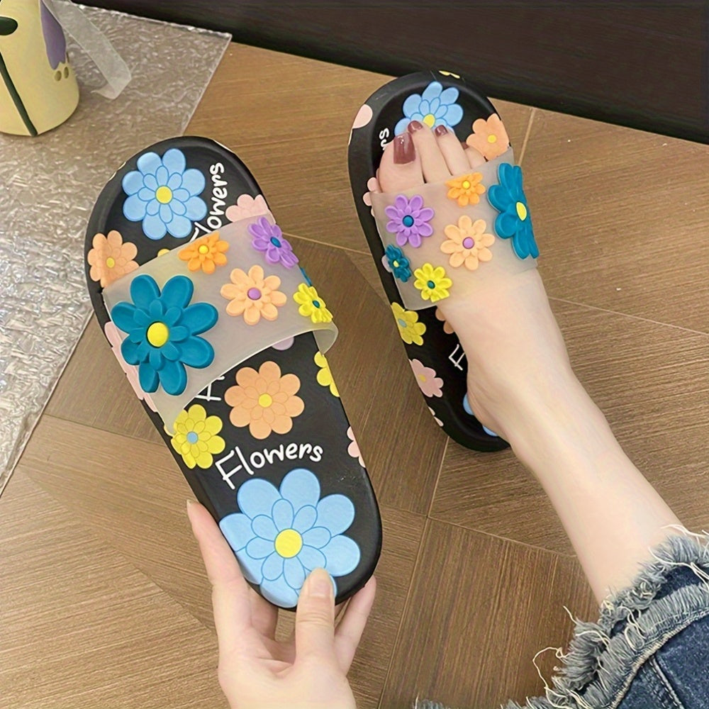 Ayollar uchun Daisy Slides yumshoq, sirg‘alishga qarshi ichki yozgi chiroyli poyabzal, qora gullar