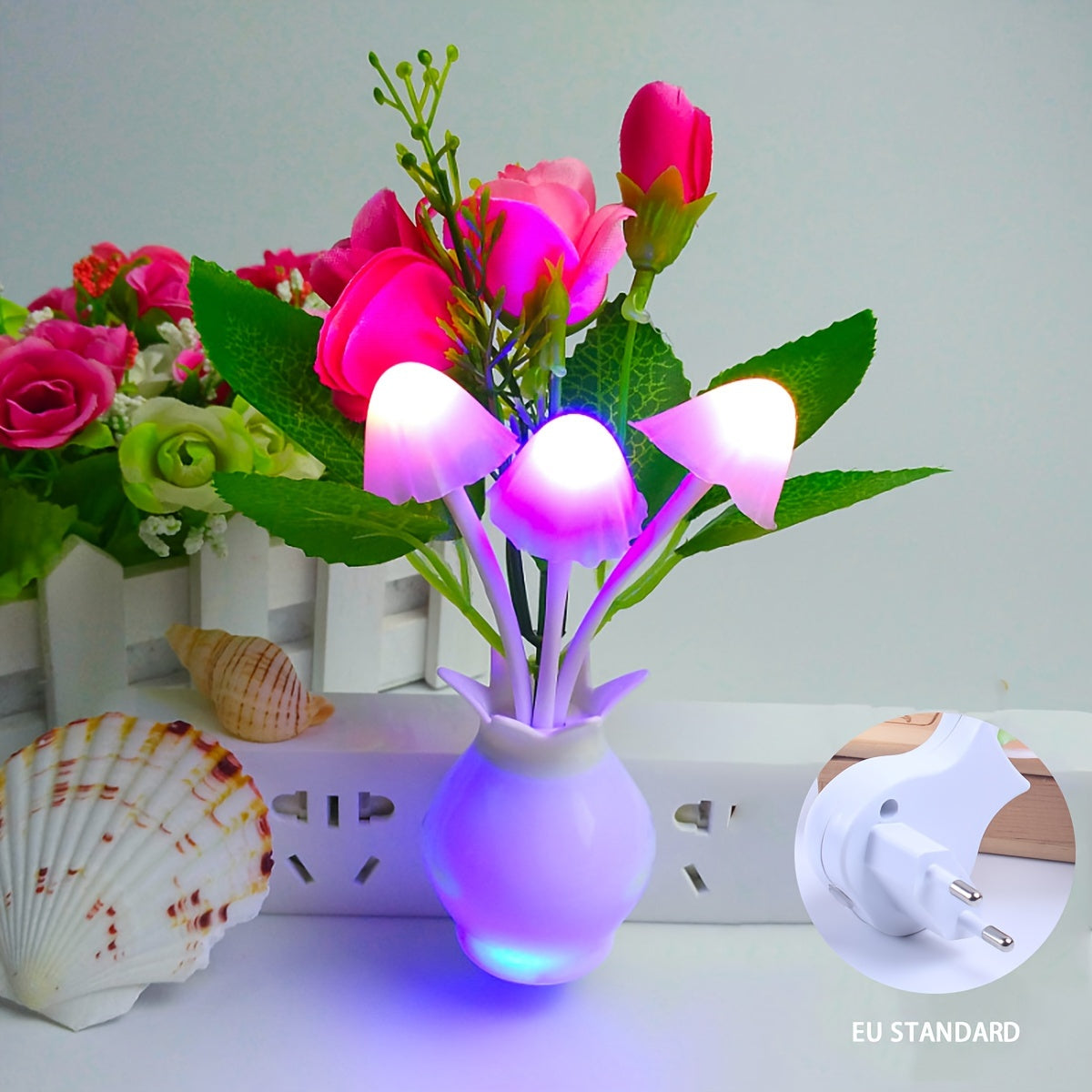 LED Mushroom Night Light Dusk to Dawn Sensor Wall Decor Plug-in European Standard