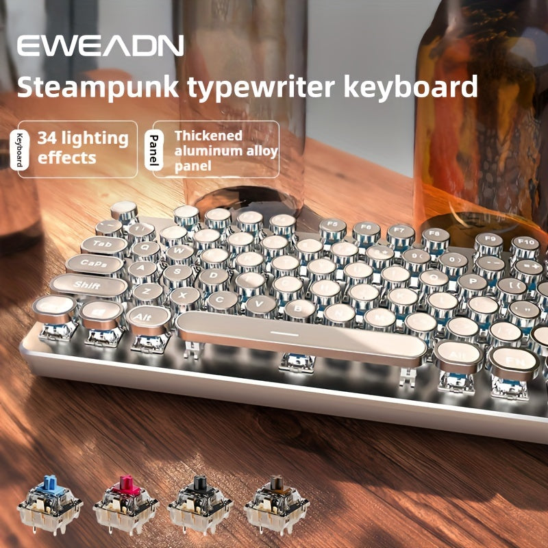 Teclado mecánico steampunk de 104 teclas con retroiluminación, USB cableado, todo de metal, para oficina y juegos, blanco