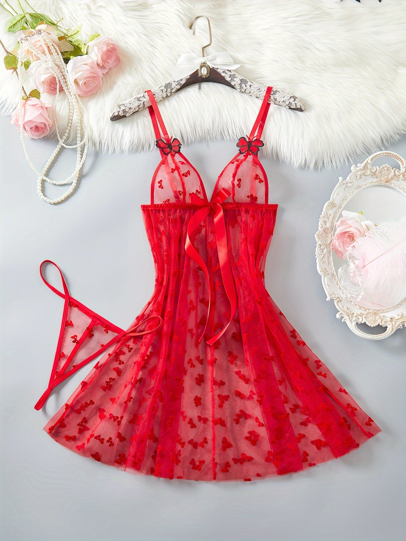 Red Mesh Lingerie Set for Women with Butterfly Pattern Babydoll and Bow Detail