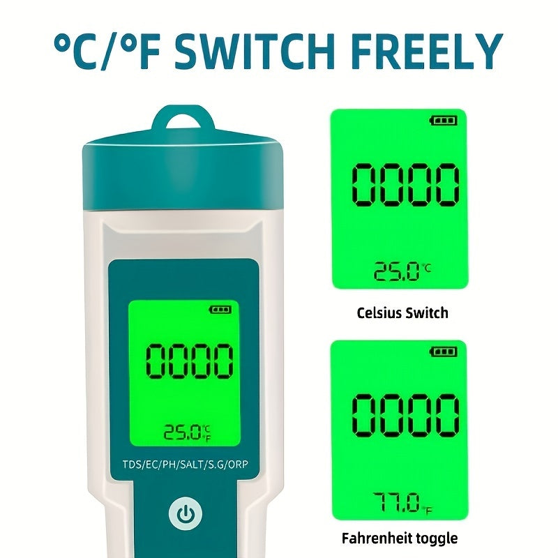 Water Quality Tester Pen with 7 Functions TDS pH ORP EC Temperature Salinity Specific Gravity LCD Backlight