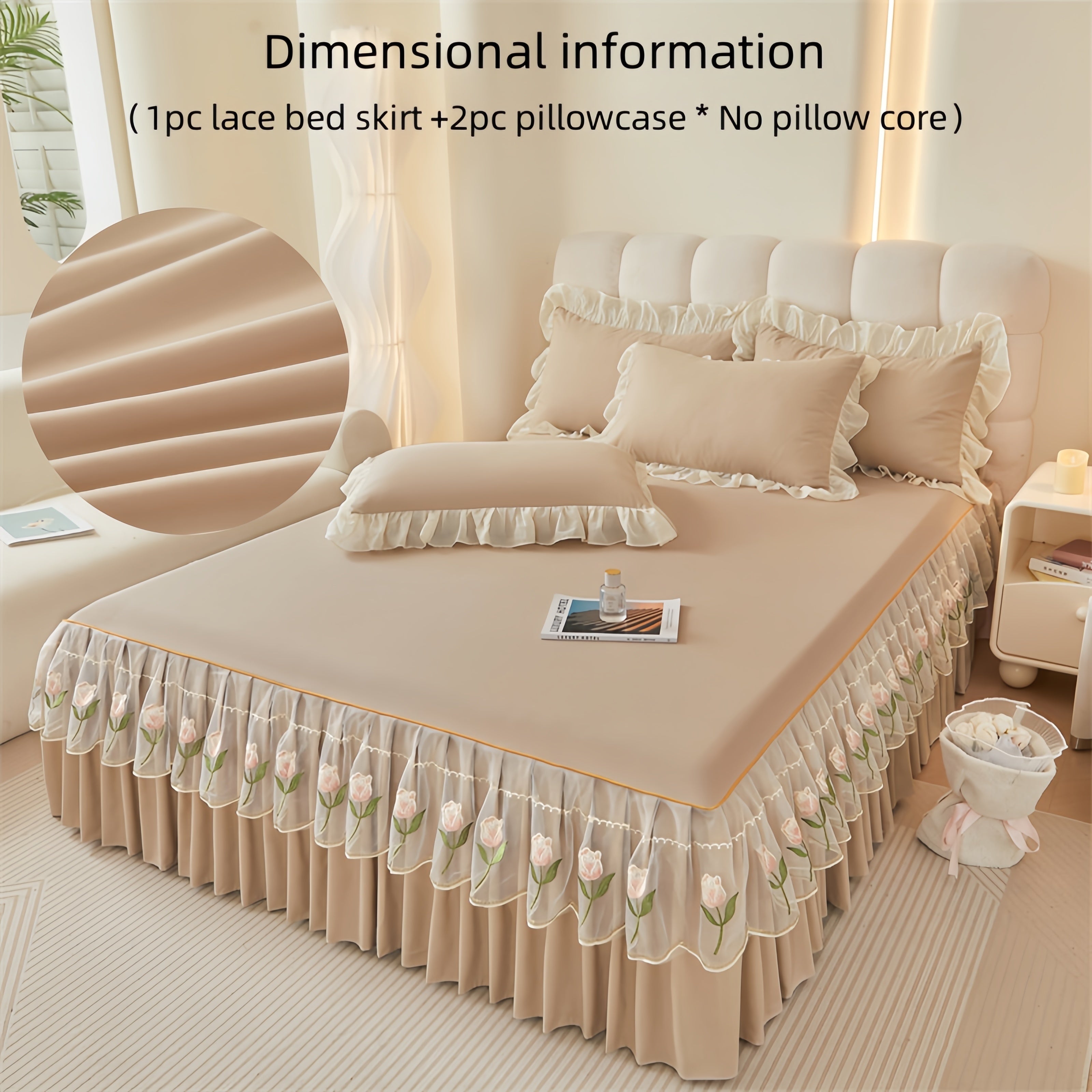 3pcs Embroidered Bed Skirt Set with Rose Lace Ruffles Polyester Includes Lace Bed Skirt and Lotus Leaf Pillowcases for Bedroom Guest Room