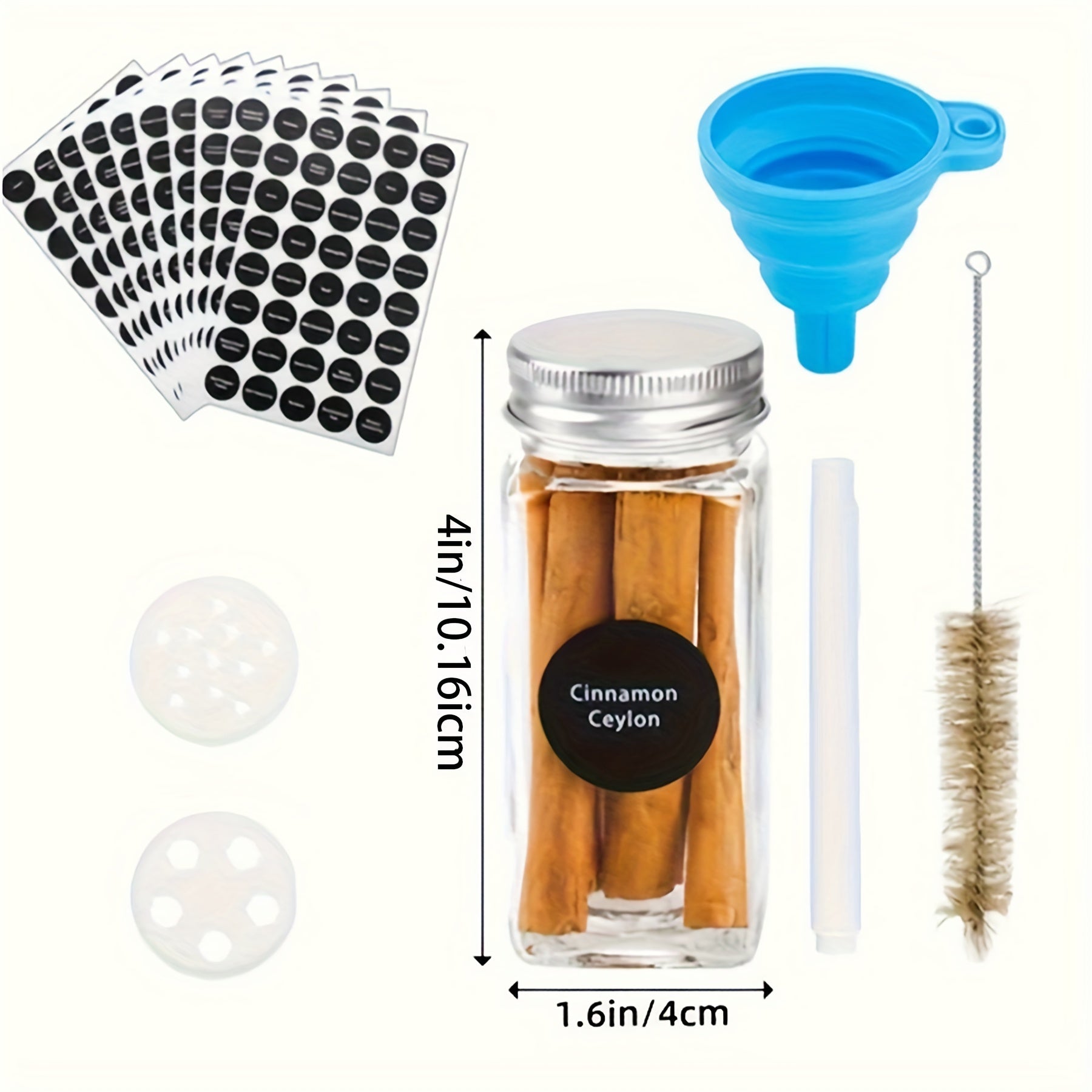 12, 24, 36 yoki 48 dona havo o'tkazmaydigan shisha ziravorlar idishlari to'plami oshxonadagi ziravorlar shishalarini tartibga solish uchun. Shuningdek, BBQ rublari, o'tlar va ziravorlar uchun ham ishlatilishi mumkin. Oziq-ovqat bilan aloqa uchun xavfsiz.