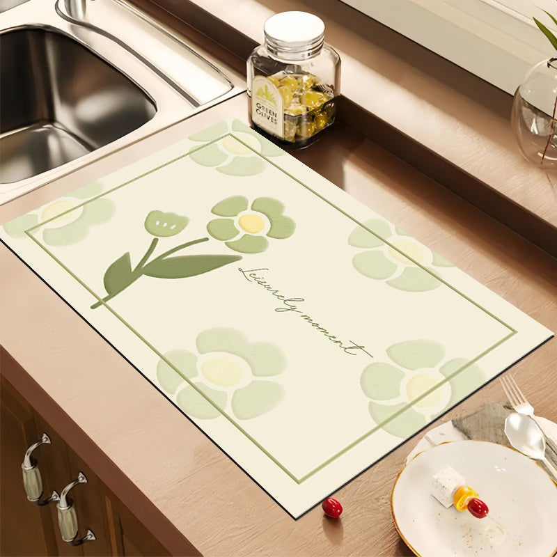 Floral Pattern Polyester Drying Mat for Kitchen Countertop Dish Draining Absorbent