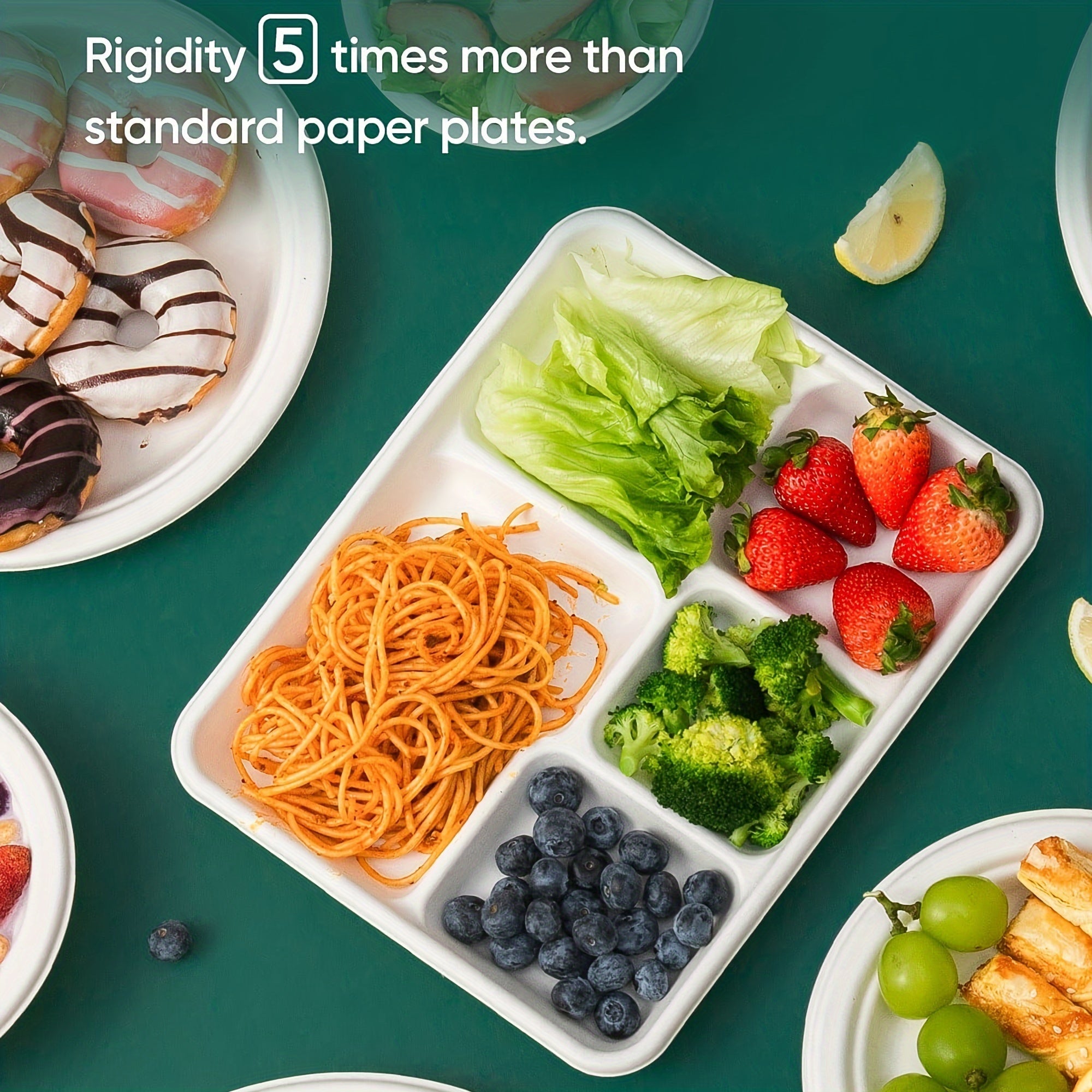 Paquete de 50 platos de comida compostables con 5 compartimentos para fiestas y picnics