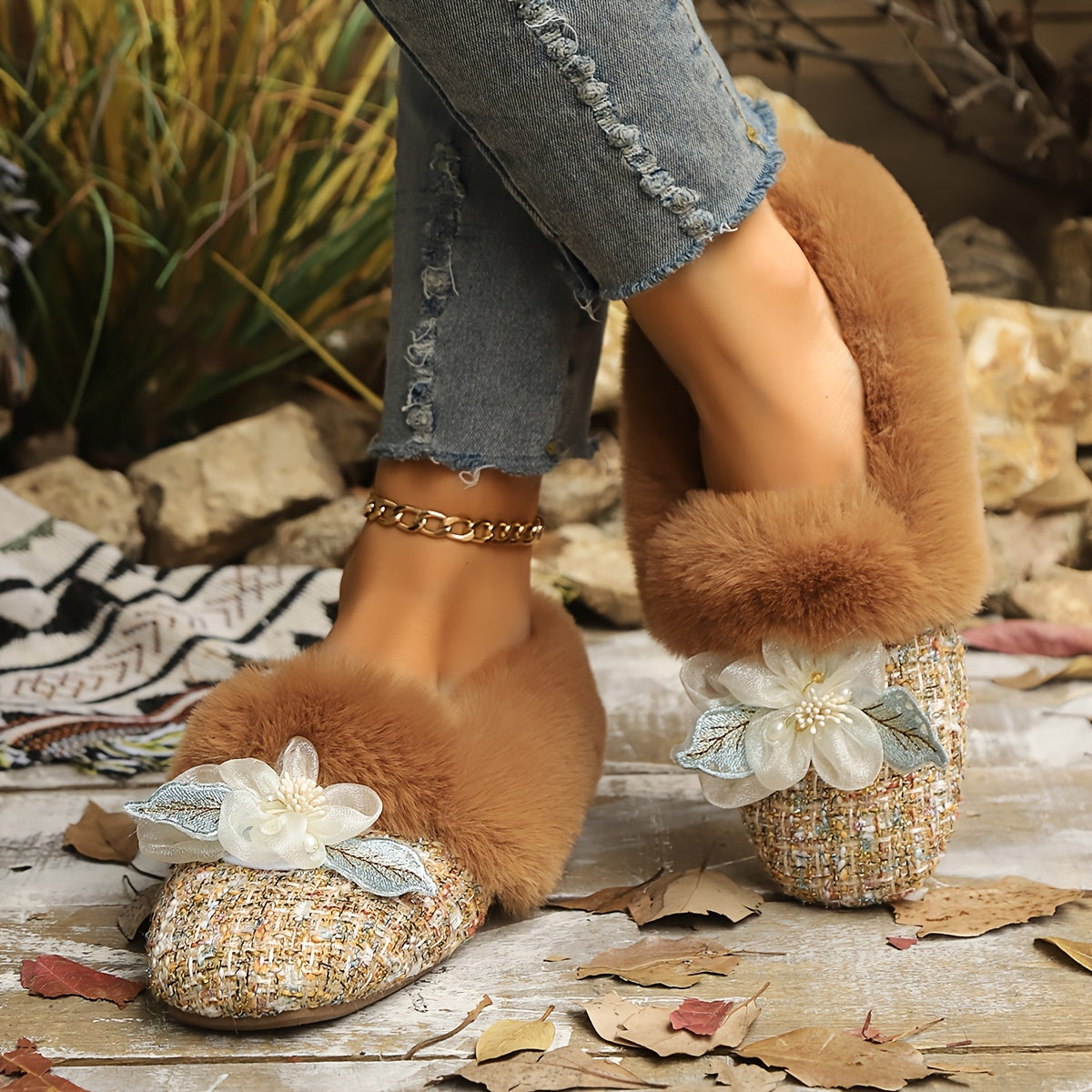 Women's Fleece-Lined Slip-On Flats with Bowknot Square Toe Indoor Outdoor Shoes