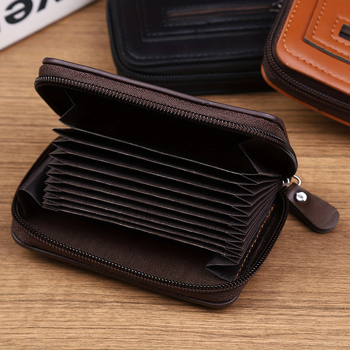 Men's PU Leather Wallet with Card Slots Zipper Coin Pocket Solid Color