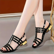 Women's Black Mesh Peep-Toe Sandals with Chunky Heel and Floral Embroidery