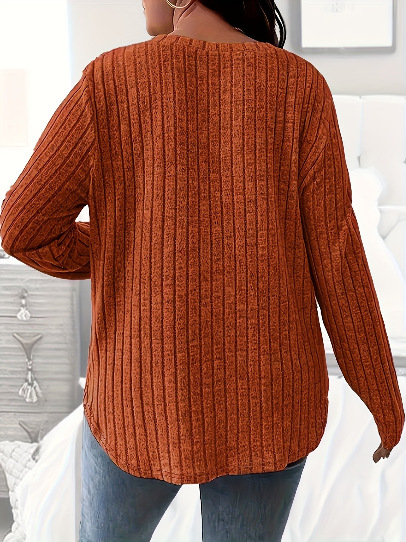 Plus Size Women's V-Neck Ribbed Sweater Casual Long Sleeve Pullover Black