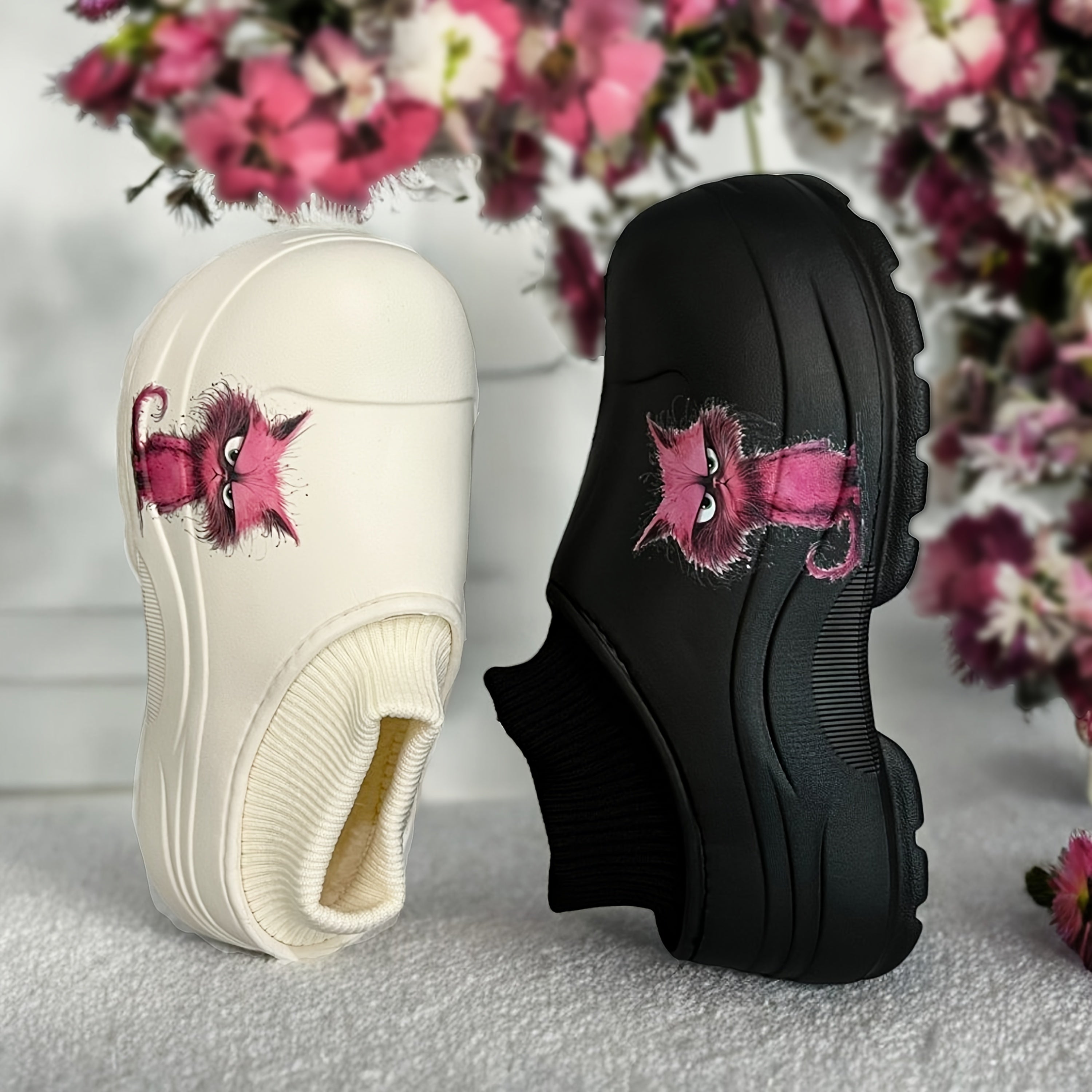 Women's Fleece Indoor House Shoes with Non-Slip Thick Sole Black White