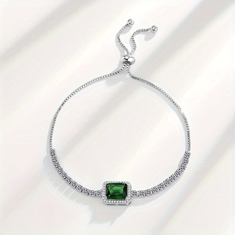 Women's Silver Bracelet with Green Zirconia Stones Adjustable Jewelry for Daily and Special Occasions