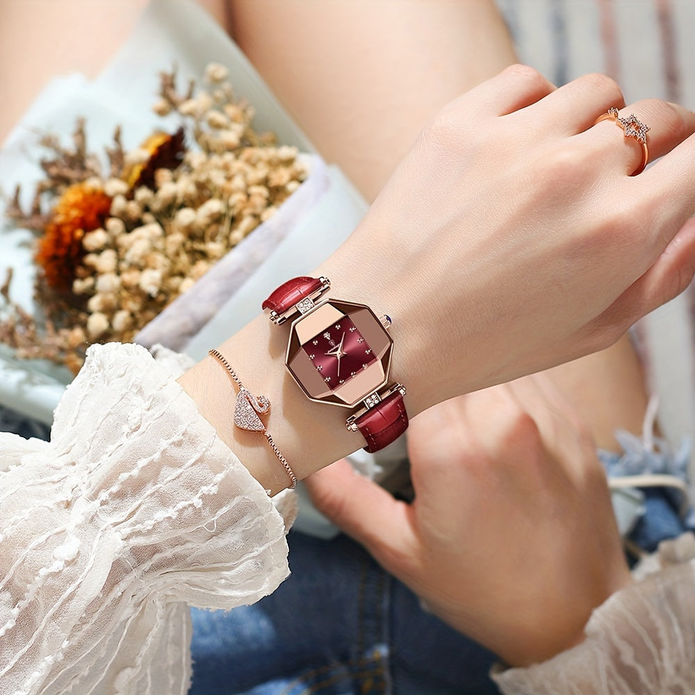 Women's Quartz Watch with Rhinestones and Leather Band Analog Display Polygon Pointer