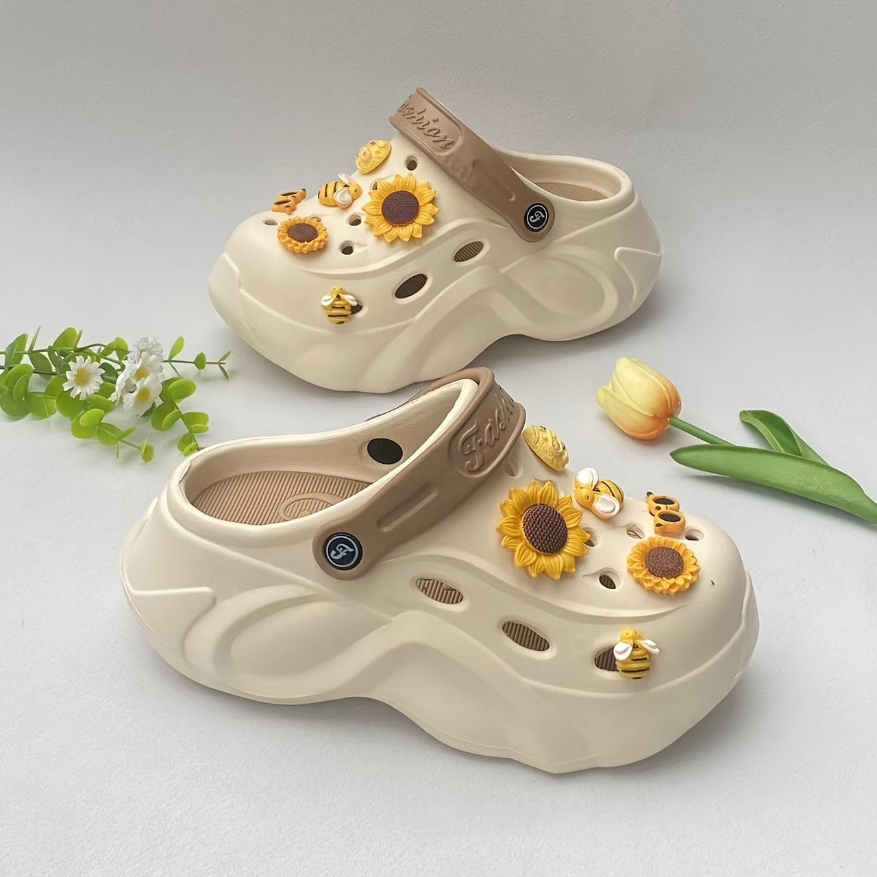 Women's EVA Hole Shoes with Pink Bunny Heel Sunflower Accessories