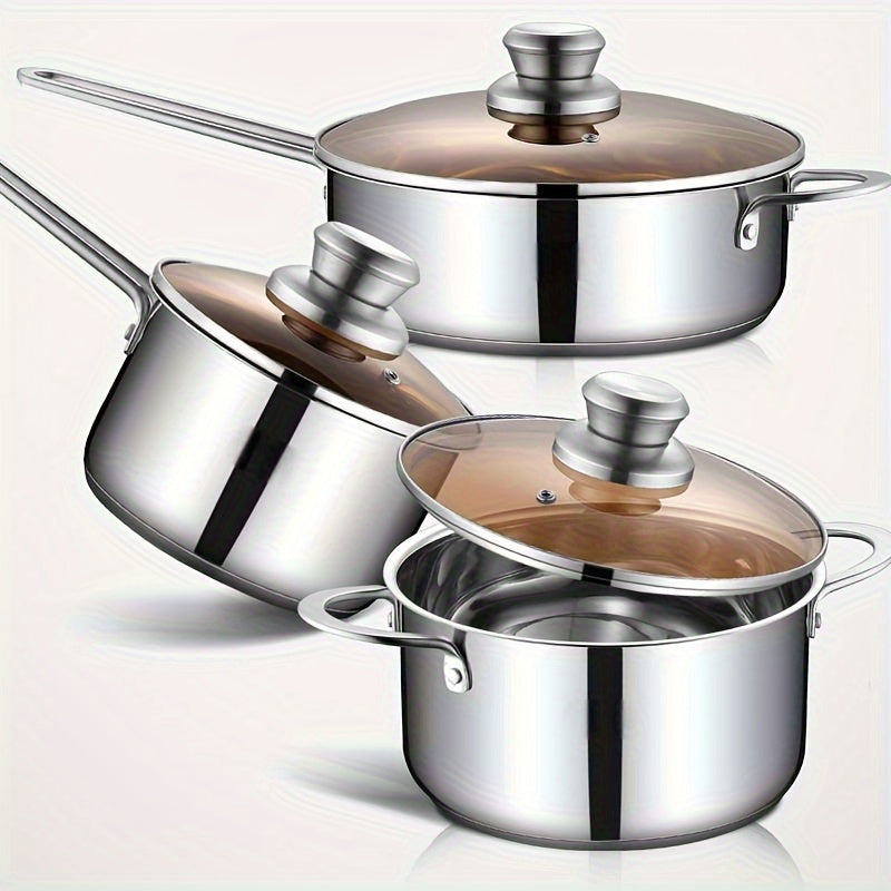 6-Piece Stainless Steel Cookware Set with Glass Lids, Triple-Layer Base