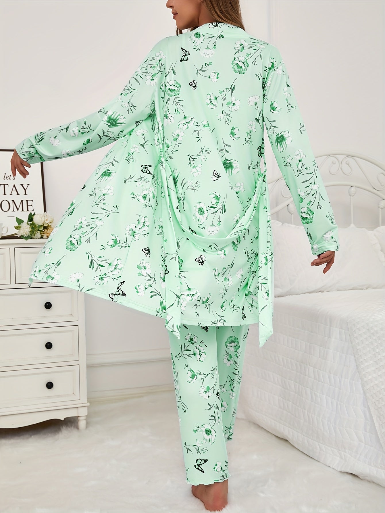 Women's Floral Butterfly Print 3-Piece Pajama Set Long Pants Long Sleeve Belted Robe All-Season Loungewear