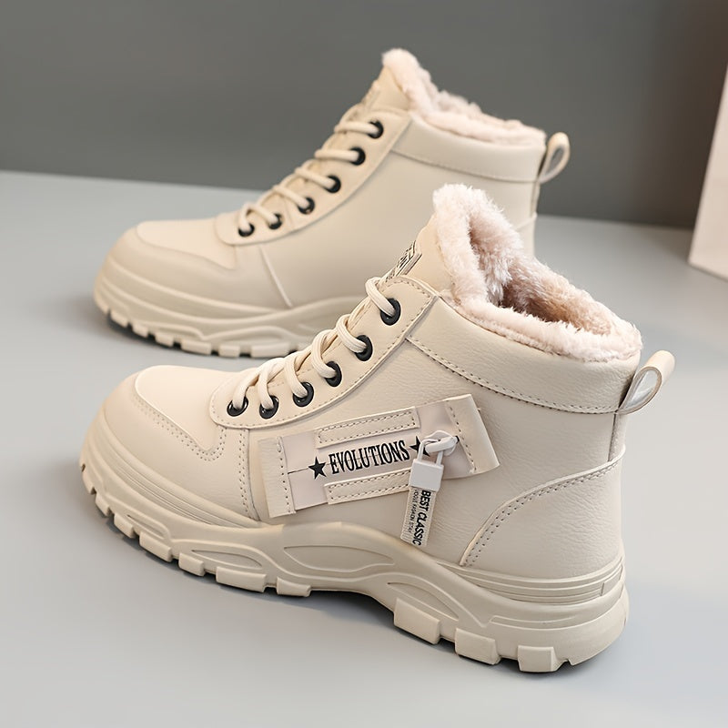 Botas altas de invierno para mujer con forro de piel sintética, impermeables y con cordones blancas