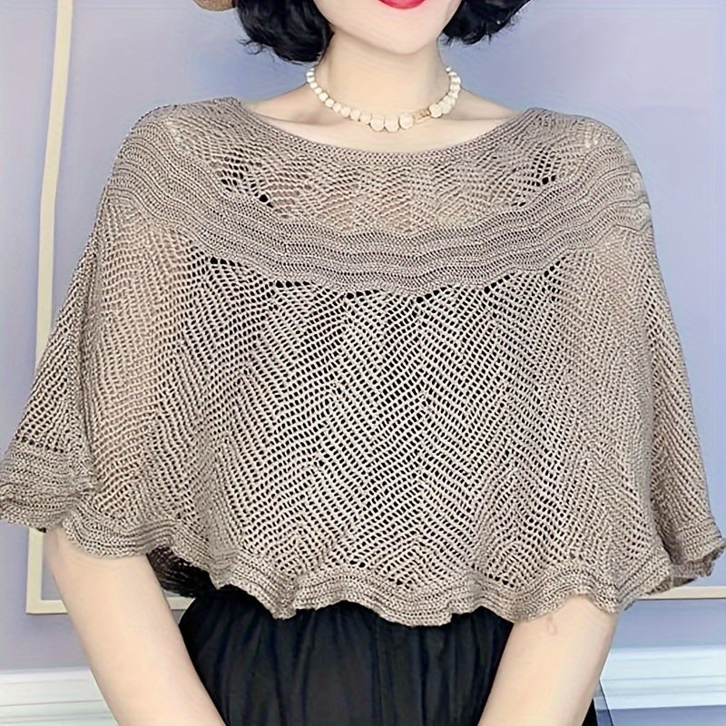 Women's Elegant Pullover Cape with Hollow Knitted Shawl, Loose Fit, Solid Color