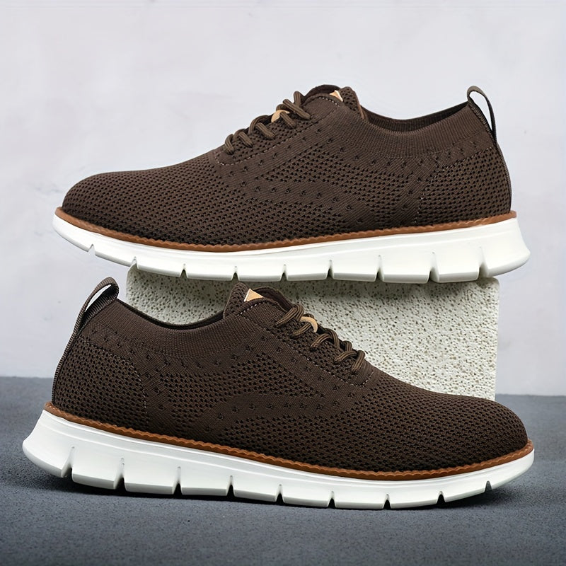 Men's Breathable Knit Business Casual Shoes Beige Brown Leather Upper EVA Sole Round Toe All-Season