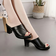 Women's Black Chunky Heel Slide Sandals with Peep Toe and Rubber Sole