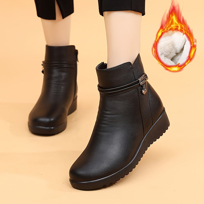 Women's Fleece-Lined Winter Boots Mid-Calf Waterproof Black Casual