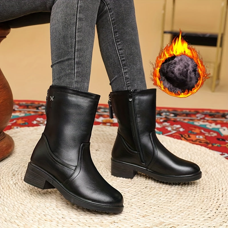 Женские черные кожаные сапоги с платформой до середины икры и застежкой-молнией