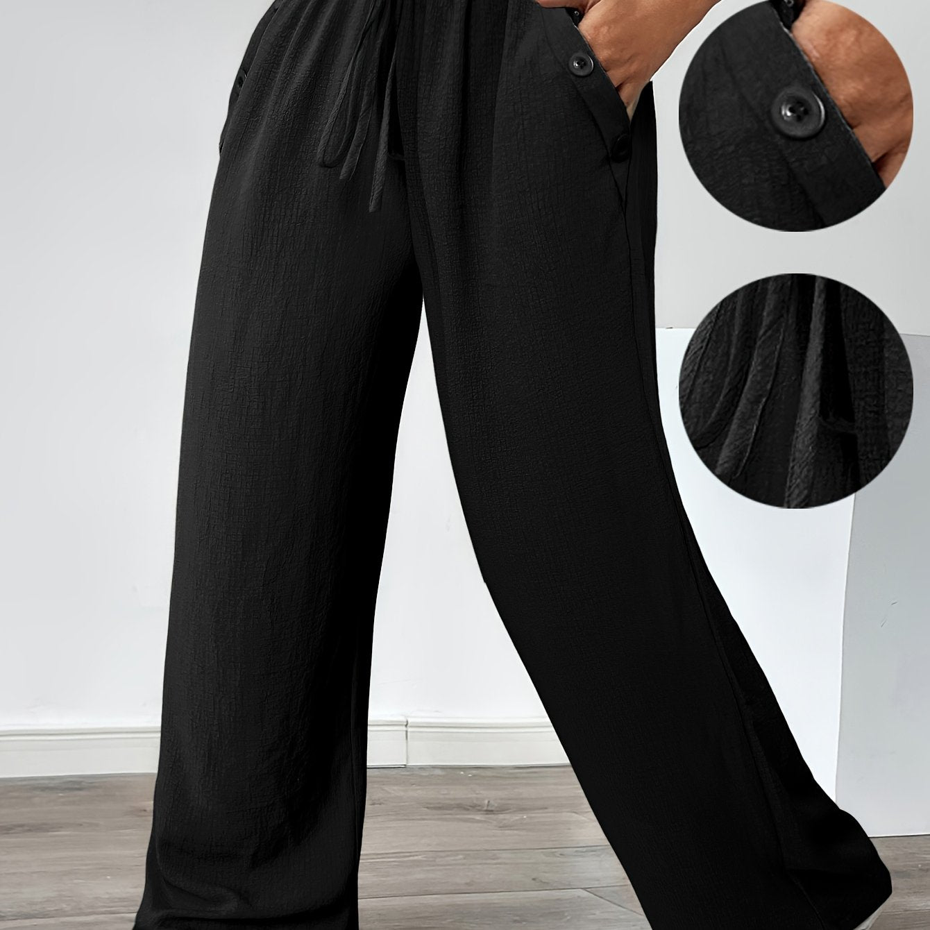 Women's Plus Size Casual Straight Pants with Lace-Up Detail, Solid Color