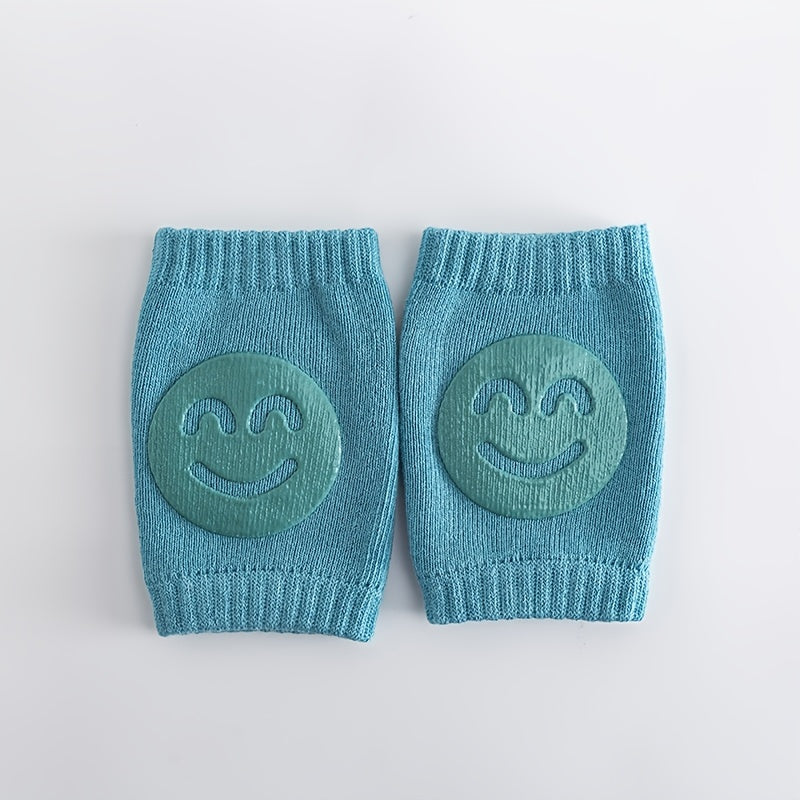 Kids Boys Knitted Knee Pads with Smiley Face for Autumn Winter Blue 100% Cotton
