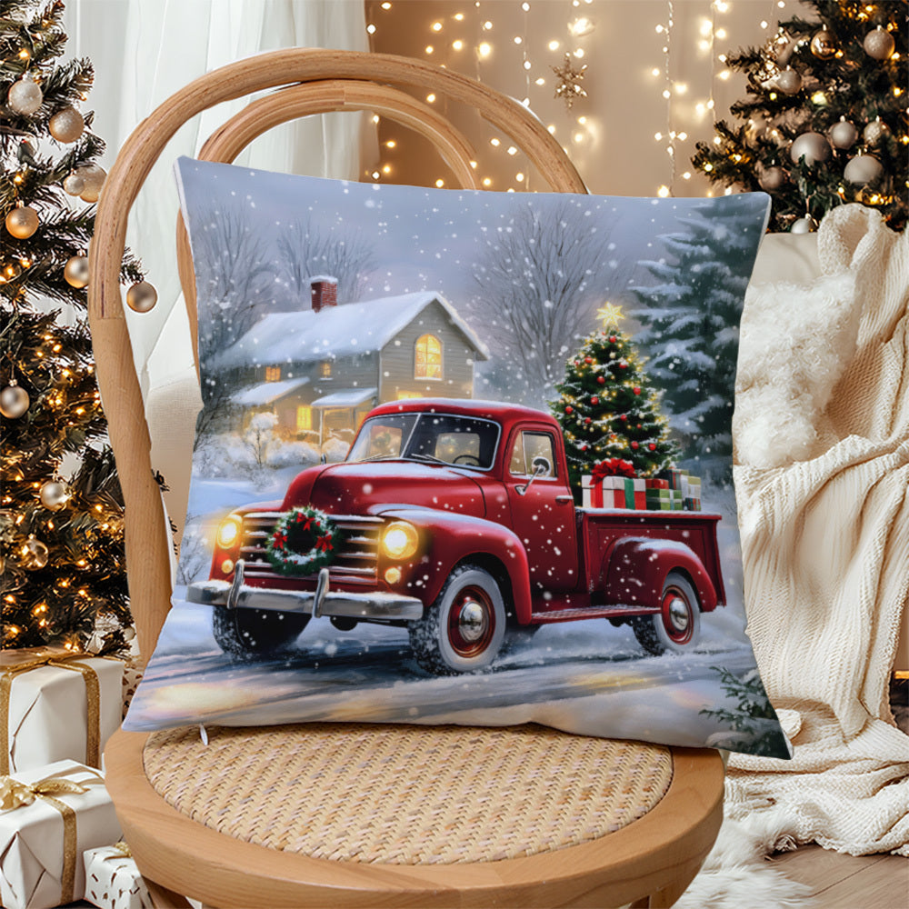 Christmas Throw Pillow Cover Red Truck Tree Knit Fabric Cushion Case for Sofa Bed Car