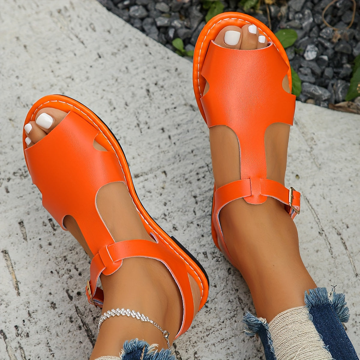 Women's Red Faux Leather Peep-Toe Flat Sandals for Summer Casual