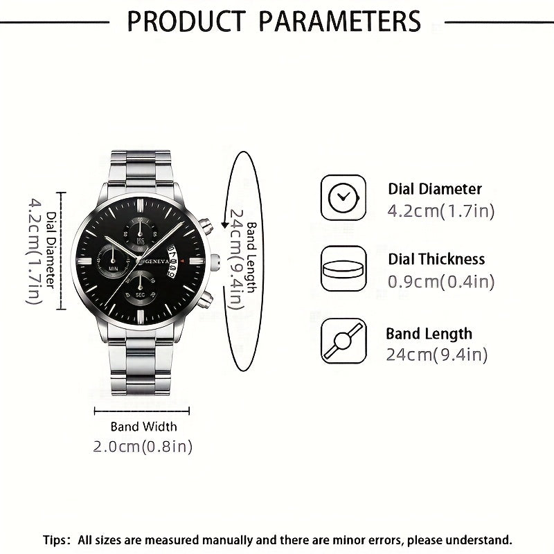 Men's Fashion Gift Set Stainless Steel Quartz Watch Calendar Necklace Bracelet Ring Business Casual