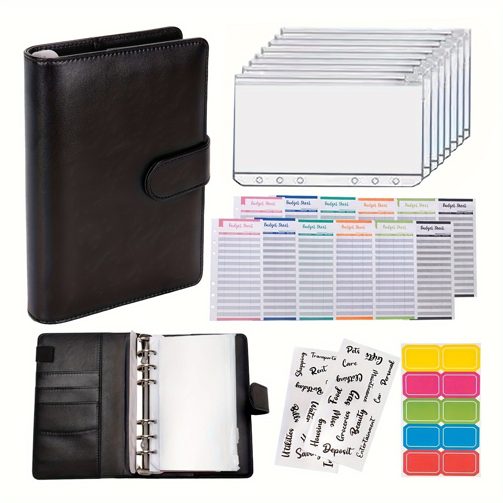 Faux Leather Budget Binder with Zipper Cash Envelopes A6 Organizer