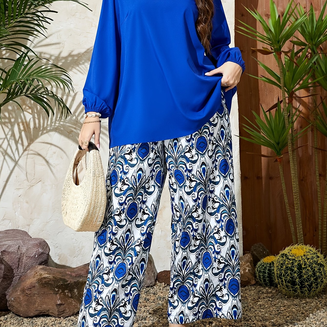 Plus Size V-Neck Top and Wide-Leg Pants Set in Blue and White Geometric Pattern Polyester Machine Washable