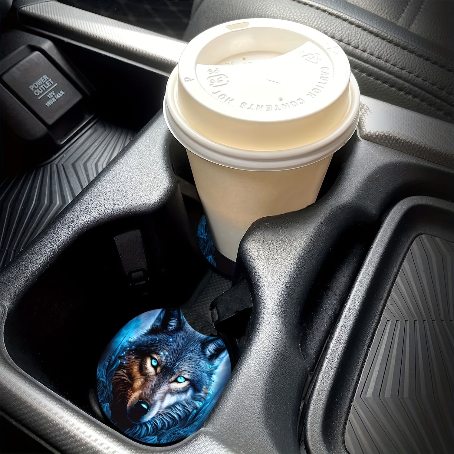 2pcs Blue Flame Wolf Pattern Absorbent Car Cup Holder Coasters Non-slip Rubber
