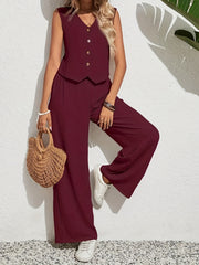 Women's Casual Suit with Button-Front V-Neck Vest and Elastic Waist Pants Lightweight Polyester Spring Summer