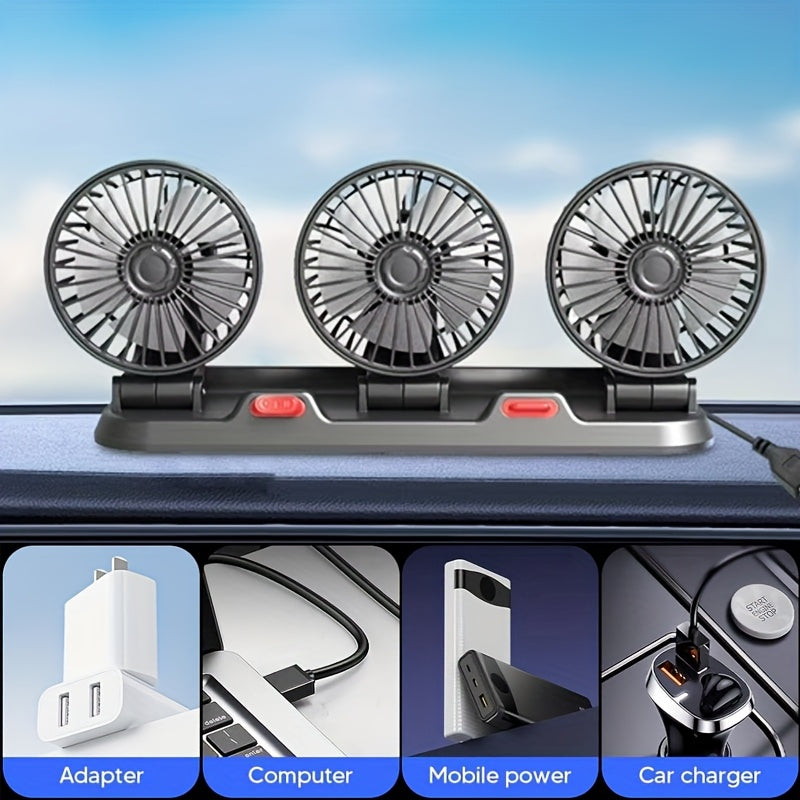 USB 5V Car Fan with Adjustable Three Heads Compact Easy to Install