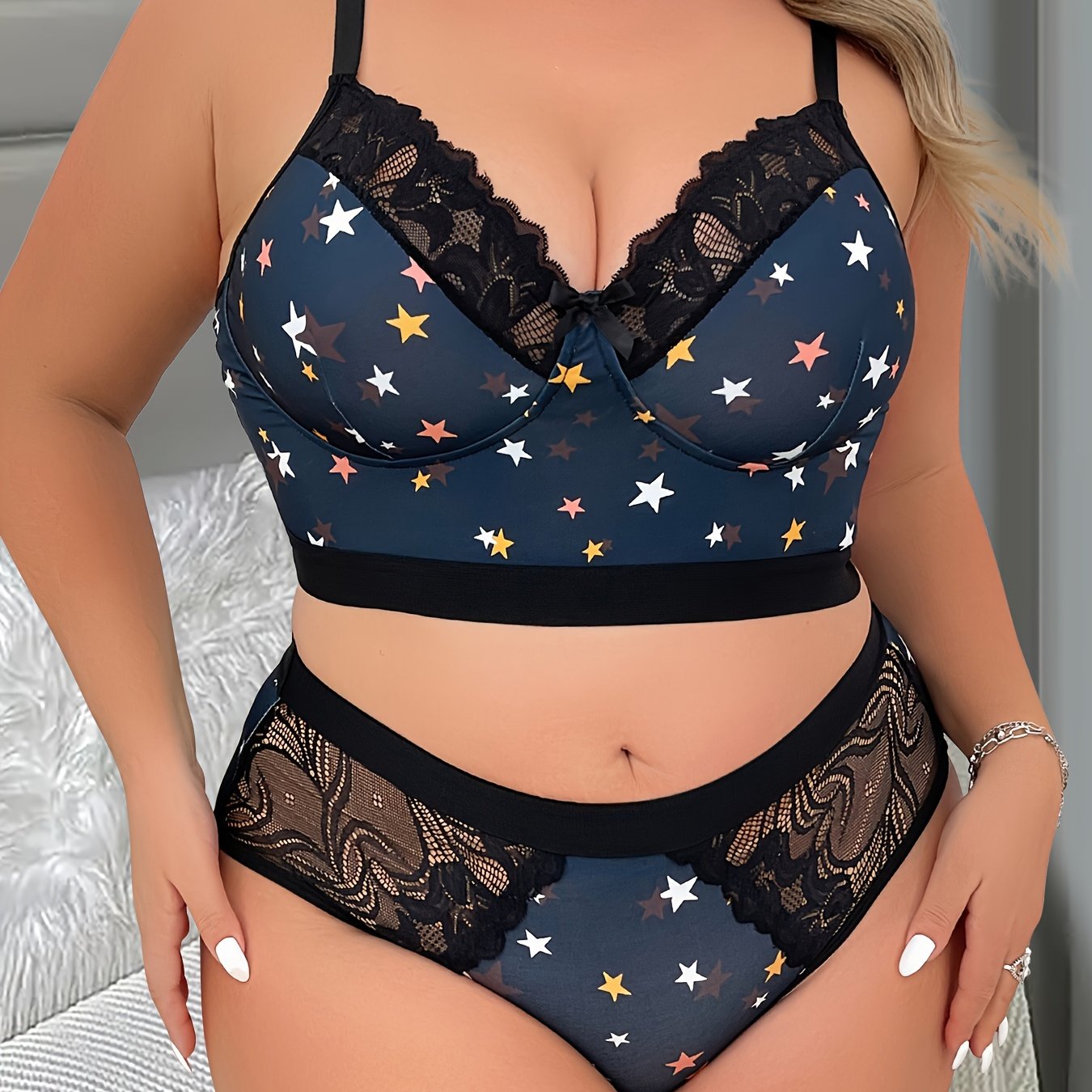 Women's Plus Size Lingerie Set Star Print Lace Bra and Panty 2 Piece