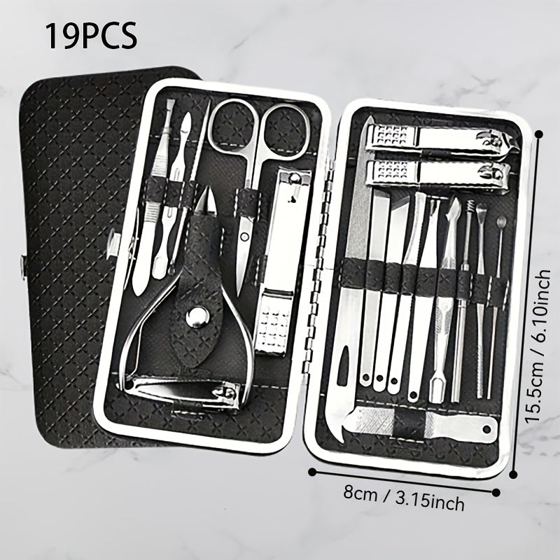 Set of 19 Stainless Steel Nail Clippers Manicure Pedicure Grooming Kit with Travel Case