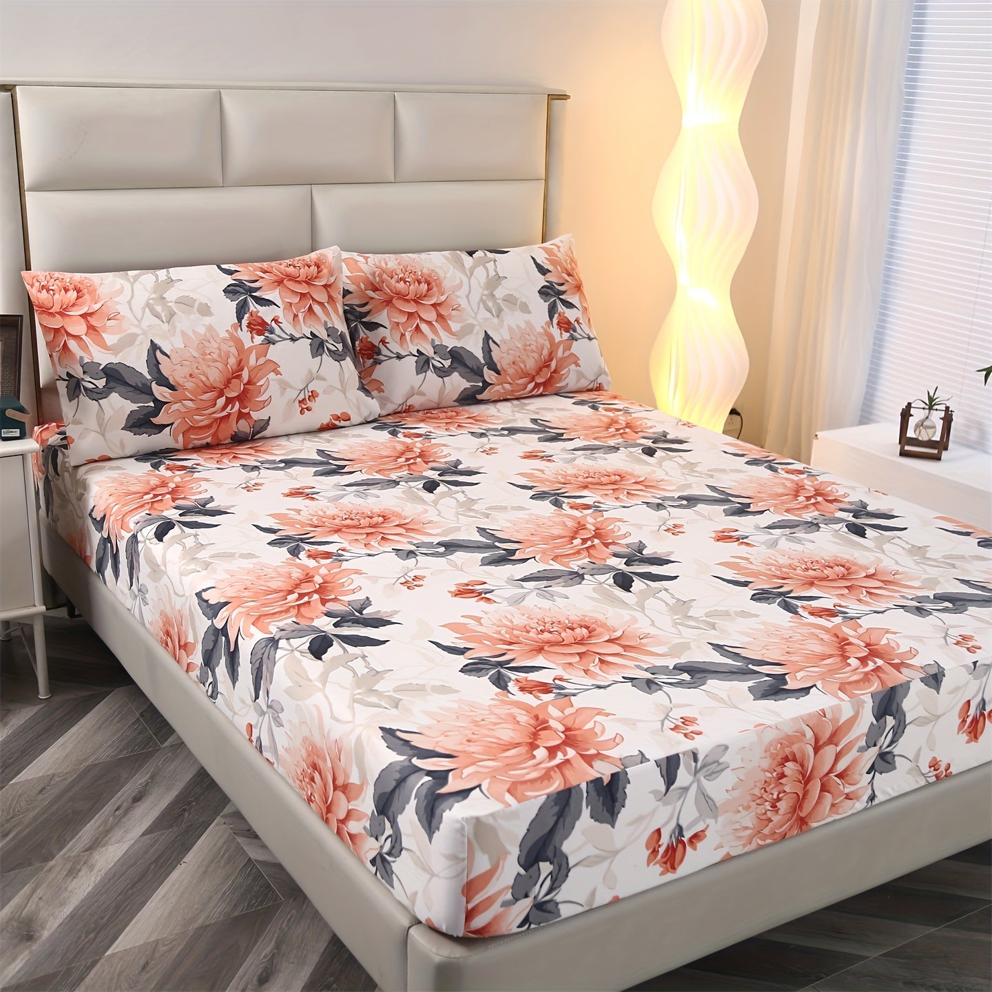 Floral Print Bedding Set with Fitted Sheet and Pillowcases for Bedroom and Guest Room