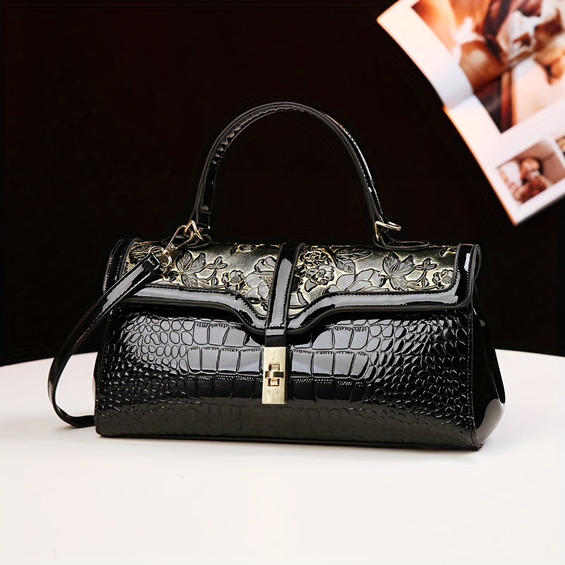 Vintage Geometric Pattern Clutch Bag with Removable Strap and Kiss Lock Closure Black Green