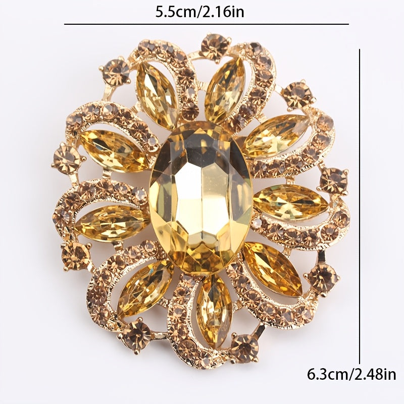 Women's Rhinestone Floral Brooch with Quadrilateral Gemstone Horse Eye Pin