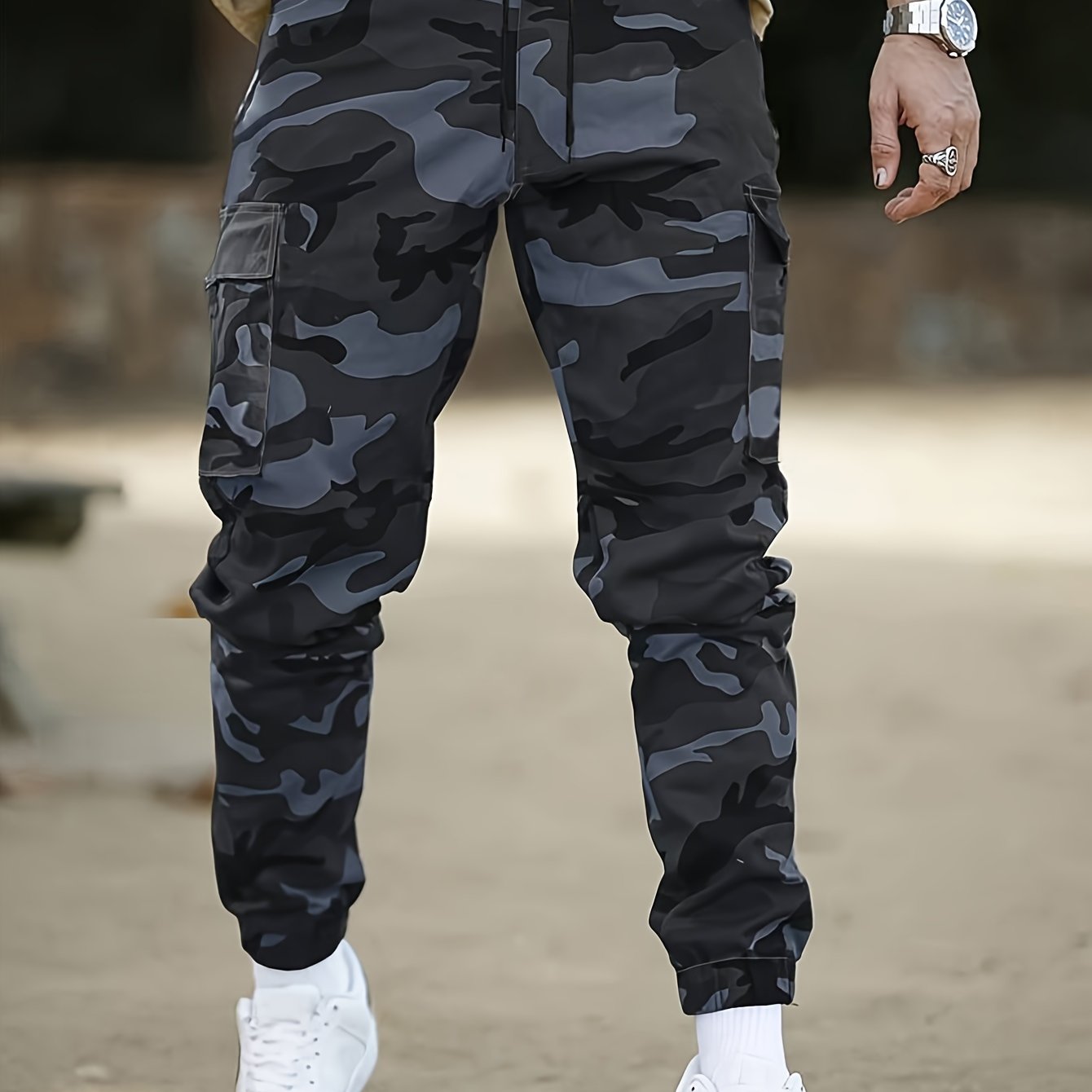 Men's Camo Cargo Pants Non-Stretch Polyester Drawstring Waist Flap Pockets Outdoor Work
