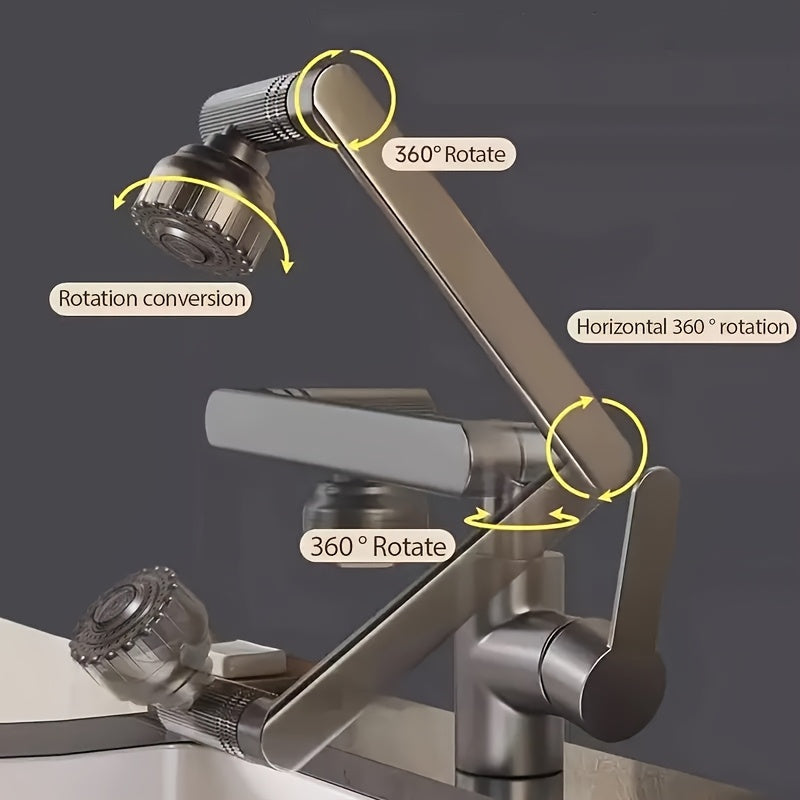 Black Bathroom Faucet with Hot and Cold Water, Four Spout Modes, Mechanical Arm