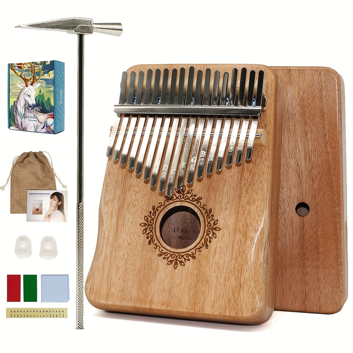 Wooden 17-Key Kalimba Thumb Piano with Learning Book for Beginners Blue Tan