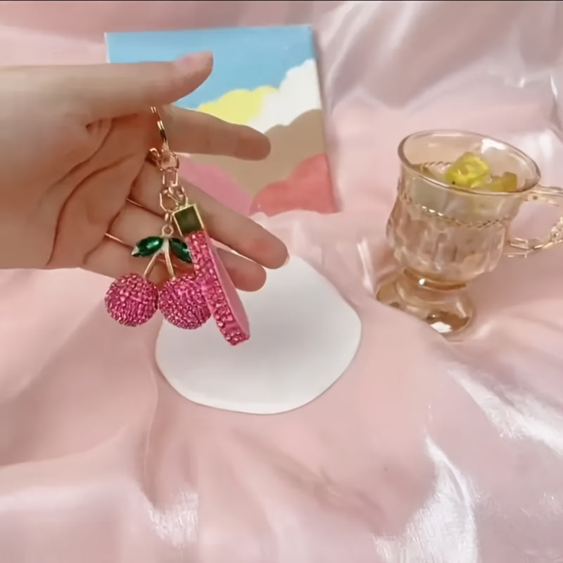 Pink Rhinestone Cherry Keychain for Women and Girls, Cute Bag Charm